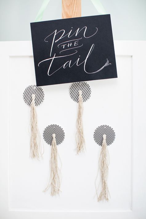 Tutorial: make "Pin the Tail on the Cow" tails from wine tags and string  {Minted} Pin The Tail On The Cow Diy, Pin The Tail, Pin The Tail On The Pig Diy, Pin The Tail On The Cat, Pin The Tail On The Cow, Pin The Tail On The Horse Printable, 30th Birthday Banner, 30th Birthday Party Decorations, Birthday Room Decorations