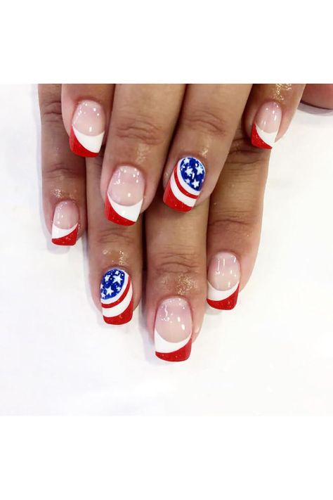 4th of July Press on Nails Independence Day Fake Nails Medium Short Square Patriotic Themed False Nails Red White Blue Stripes Curved French Tip Star Flag Designs Acrylic Glue on Nail for Women 24 Pcs Curved French Tip, Nails Red White Blue, Acrylic French, Star Flag, Acrylic Glue, Nails Glossy, Flag Designs, Nails Nude, Accessories Photography