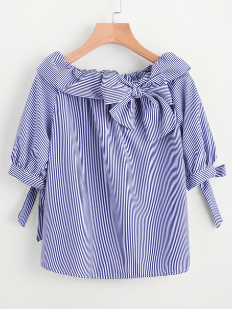 Fold Over Neckline Pinstripe Bow Tie Detailed Top -SheIn(Sheinside) Fancy Top Design, Fancy Top, Pakistani Fashion Casual, Pakistani Fashion Party Wear, Fancy Tops, Fashion Tops Blouse, Trendy Fashion Tops, Stylish Dresses For Girls, Stylish Dress Designs