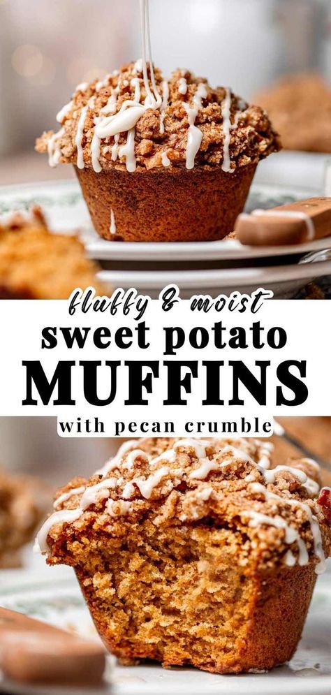 These fluffy and moist sweet potato muffins are a delightful blend of cozy spices and sweet, earthy flavors, topped with a crunchy pecan crumble. They're easy to make, vegan, and perfect for a comforting fall or winter treat, especially after holiday gatherings. They're a great way to use up leftover sweet potatoes from Thanksgiving pie or casseroles. Dairy free and eggless. Salty Muffins Recipes, Hippy Food, Healthy Sweet Potato Muffins, Sweet Potato Muffin Recipe, Healthy Sugar Alternatives, Inflammation Diet Recipes, Sweet Muffins, Clean Treats, Healthy Muffin