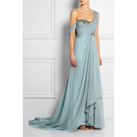 Marchesa One-shoulder embellished silk-georgette gown ($5,795) ❤ liked on Polyvore featuring dresses, gowns, blue dress, formal ball gowns, formal dresses, blue gown and blue evening gown 파티 드레스, فستان سهرة, Duck Egg, Gorgeous Gowns, Marchesa, Beautiful Gowns, Fancy Dresses, Dream Dress, Dusty Blue