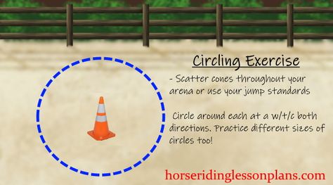 Cone Circling ExerciseSet Up: Scatter several cones throughout the arena, off the wall. You can set up as many as you would like. I like to buy the cheap, flexible soccer cones from Walmart that the horses can step on many times without breaking them! I also use my jumps and tell riders to circle around […] Summer Camp Curriculum, Riding Lesson Plans, Jump Standards, Riding Ideas, Dressage Videos, Dressage Arena, Horseback Riding Lessons, Horse Exercises, Riding Lessons