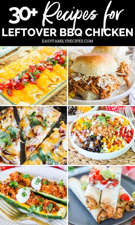 Over 30 budget-friendly recipes that you can use to repurpose those BBQ chicken leftovers. From one pot dinners to sandwiches, salads, and casseroles, this list of recipes is a key to making good use of that leftover BBQ chicken. Shredded Bbq Chicken Dinner Ideas, Recipes With Shredded Bbq Chicken, Recipes With Bbq Chicken, Leftover Bbq Chicken Ideas, What To Do With Leftover Bbq Chicken, Bbq Chicken Leftovers, Bbq Chicken Meals, Chicken For Meal Prep, Bbq Chicken Healthy