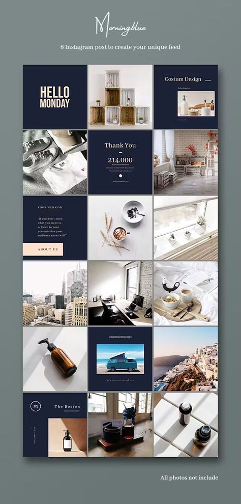 Morning Blue Instagram Post - Design Template Place Instagram Layout Design Posts, Business Instagram Feed Layout Blue, Instagram Store Layout, Business Ig Post Design, Navy Instagram Feed, Instagram Template Design Ideas, Instagram Feed Design Ideas, Instagram Post Template Business, Blue Instagram Feed