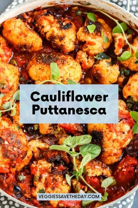 Plant Based Recipes Cauliflower, Puttanesca Sauce Vegan, Spinach Cauliflower Recipes, Eggplant Cauliflower Recipes, Italian Cauliflower Recipes, Cauliflower Vegan Recipes, Cauliflower Main Dish Recipes, Cauliflower Dinner Recipes, Vegan Puttanesca