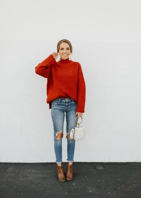 date night outfits for winter and early spring | merricksart.com Pullover Sweaters Outfits, Red Sweater Outfit, Red Turtleneck Sweater, Fall Style Guide, Date Night Outfits, Red Knit Sweater, Burberry Coat, Red Turtleneck, Winter Trends