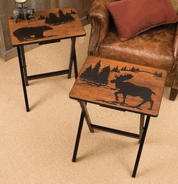 Foldable Side Table, Mountain Cabin Decor, Log Cabin Furniture, Moose Decor, Tray Tables, Side Table Set, Black Forest Decor, Cabin Furniture, Rustic Side Table