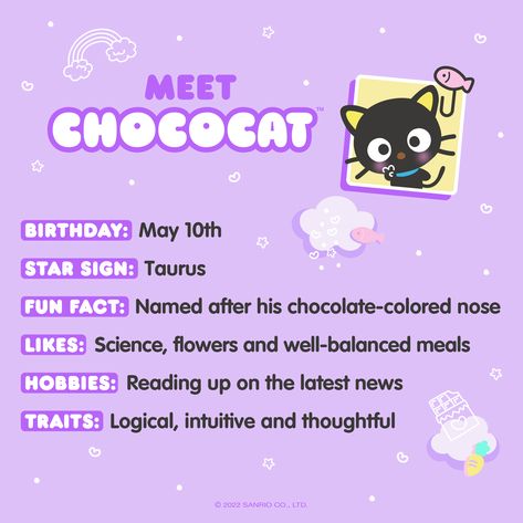 We are super excited for May because #Chococat is our Friend of the Month! 💜 ⁠Here are some fun facts about this extra sweet cat!🐱 🍫 #SanrioFOTM Facts About Kuromi, Sanrio Facts, Karakter Sanrio, Character Personality, Sweet Cat, Hello Kitty Characters, Hello Kit, Kitty Drawing, Hello Kitty Drawing