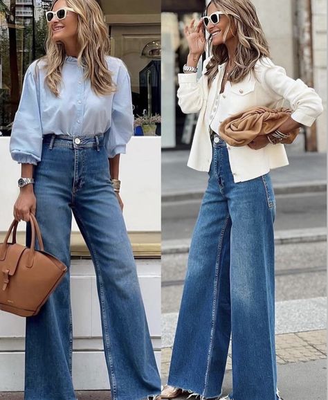 Hoco Jeans, Wide Leg Outfit, Jeans Outfit Ideas, Wide Leg Jeans Outfit, Looks Jeans, Jeans Outfits, Elegante Casual, High Waisted Mom Jeans, Fashion Hacks