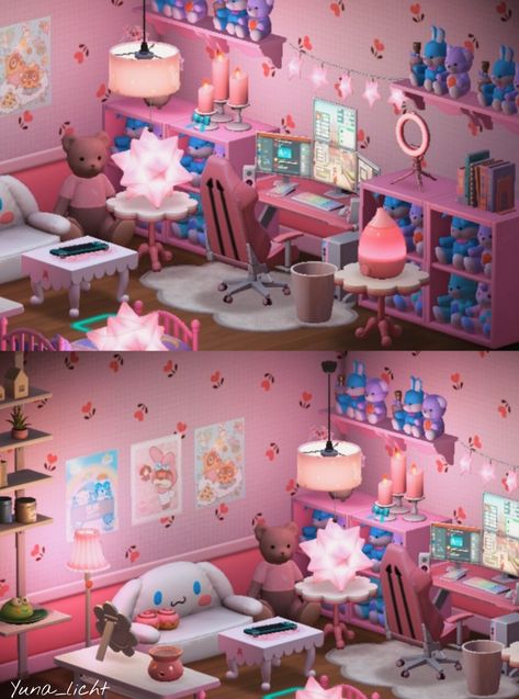 ACNH Gaming/sleeping room in pink #acnh #acnhinspo #animalcrossing #acnhinspiration Acnh Pink Gaming Room, Acnh Pink Furniture, Acnh Girly Bedroom, Acnh Hellokitty Room, Gyroid Room Acnh, Sanrio Acnh Design, Animal Crossing Room Ideas Pink, Acnh Game Room Ideas, Acnh Living Rooms Ideas Pink