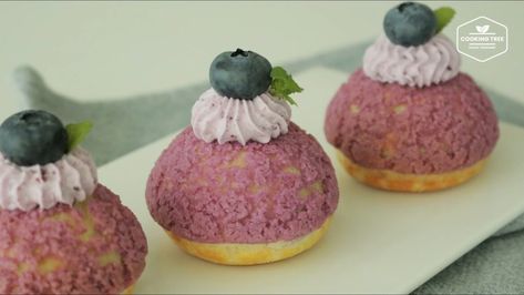 Blueberry Cookies Choux (Cream puff) Blueberry Cream Puffs, Chocolate Macaron Recipe, Choux Cream Puff, Oreo Cereal, Choux Cream, Cooking Tree, Creamed Rice, Rice Cake Recipes, Cream Puff Recipe