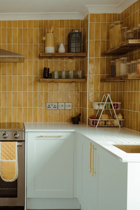 Yellow Tile Kitchen, Paneled Kitchen, Yellow Kitchen Tiles, Mustard Kitchen, Mustard Yellow Kitchens, Yellow Kitchen Walls, Backsplash Kitchen Ideas, Rectangular Tiles, Tiled Kitchen