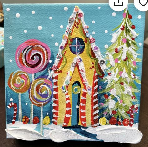 Gingerbread House Canvas Paintings, Gingerbread Canvas Painting Ideas, Christmas Artwork Ideas, Whimsical Christmas Tree Painting, Gingerbread Canvas Painting, Gingerbread House Painting On Canvas, Gingerbread House Art Projects For Kids, Gingerbread House Painting, Whimsical Christmas Art