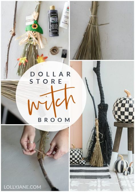 DIY Dollar Store Witch Broom Fall Table Arrangements, Witch Brooms, Diy Halloween Witch, Halloween Diy Door, Halloween Witch Brooms, Halloween Brooms, Dollar Tree Halloween, Diy Halloween Wreath, Dollar Store Halloween