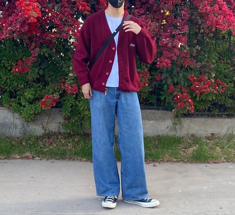 Spring Fits Aesthetic Men, Red Cardigan Outfit Men, Maroon And Blue Outfit, Lacoste Cardigan Outfit, Cardigan Outfit Aesthetic Men, Maroon Outfit Men, Maroon Aesthetic Outfit, Cardigan Outfit Men Street Styles, Red Outfit Aesthetic Men