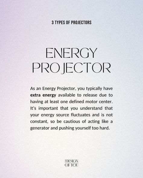 Did you know there are 3 Types of Projectors in HD?💫 Projectors are one of the 5 energy types in human design, and quite possibly the most unique since there are 3 different types: classic, energy, and mental Projectors! Each type of Projector is slightly different in the way that their energy functions. So if you feel that you don’t always relate to the usual Projector descriptions, I highly recommend learning more about what type of Projector you are to gain some clarity💡 To find out wha... Energy Projector Human Design, Projector Human Design, Energy Types, Heart Energy, Human Design System, Spirit Soul, Know Thyself, Human Design, Solar Plexus