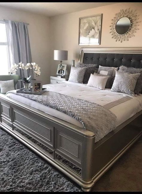 Coed Bedroom Decor, Silver Bed Frame Bedroom Ideas, Bedroom Decor Master For Couples, Glam Bedroom Decor, Beautiful Bedroom Decor, Luxury Room Bedroom, First Apartment Decorating, Classy Bedroom, Modern Luxury Bedroom