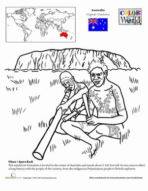 Here's a fun way for your child to look at world geography and history, starting with a beautiful coloring page of Ayers Rock/Uluru in Australia. Free Music Worksheets, Geography Worksheets, Aboriginal Dot Art, Homeschool Geography, World Thinking Day, Ayers Rock, Aboriginal Culture, Music Worksheets, World Geography