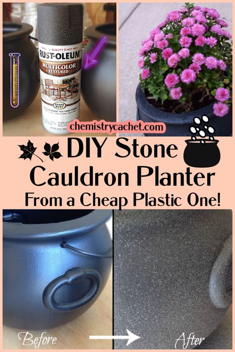 Get started on your fall porch with our SUPER easy DIY stone cauldron tutorial from a cheap plastic one from the dollar store. You can use this homemade stone cauldron for many other things too! Diy Cauldron From Flower Pot, Large Cauldron Diy, Diy Big Cauldron, Diy Smokey Cauldron, Cauldron Planter, Pinch Pot Cauldron, Stone Planter, Planter Cover, Porch Planters