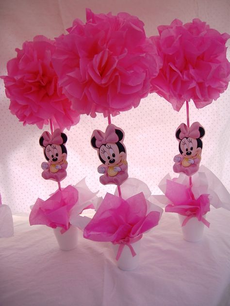 Minnie centerpieces.  Olivia, we could do a one or Minnie head with bow in the middle instead. I know how you feel about baby minnie! Lol Minnie Baby Shower, Minnie Mouse 1st Birthday, Minnie Mouse Baby Shower, Minnie Birthday Party, Minnie Mouse Theme, Baby Shower Decorations For Boys, Minnie Party, Baby Minnie, Mickey Party