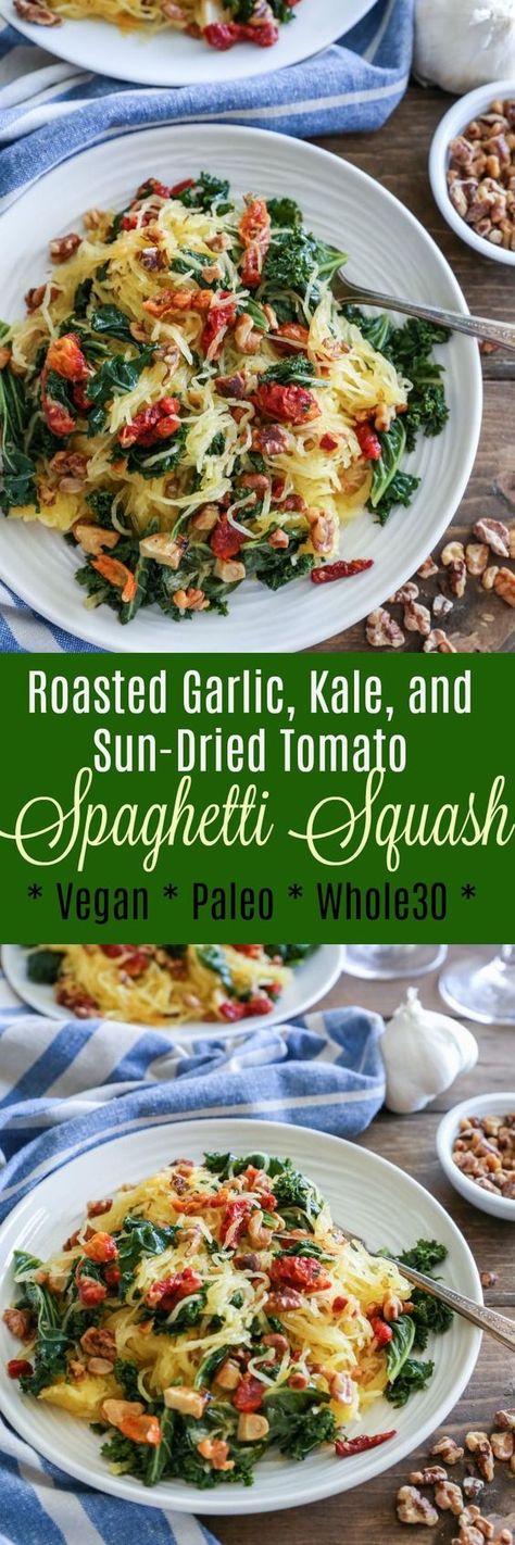 Roasted Garlic and Kale Spaghetti Squash with sun-dried tomatoes and walnuts - a nutritious meatless weeknight meal #vegan #paleo #glutenfree Kale Spaghetti, Roasted Recipes, Tomato Roasted, Tomato Spaghetti, Garlic Kale, Garlic Spinach, Squash Recipe, Spaghetti Squash Recipes, Spaghetti Carbonara