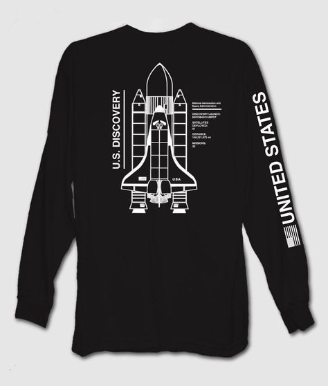 NASA US Discovery Space Shuttle Mens Long Sleeve T-Shirt Nasa Tshirt, Black Holes In Space, Nasa Planets, Hoody Outfits, Look Both Ways, Crossing The Street, Embroidered Fashion, Nasa Space Shuttle, Moda Emo