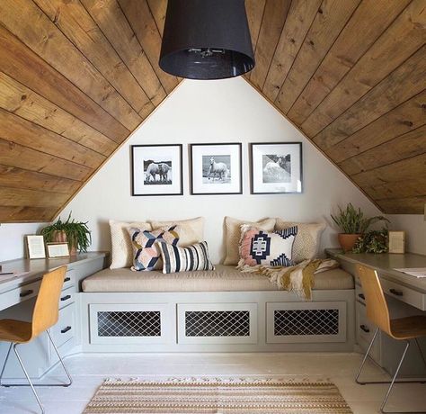 Stained Shiplap Ceiling, Attic Office Ideas, Giraffe House, Stained Shiplap, Attic Office, Shiplap Ceiling, Household Pests, Small Attic, Attic Conversion