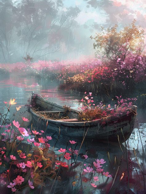 Prompt 👉Abandoned boat nestled in vibrant spring blooms, rain and fog entangling in a Monge-inspired watercolor atmosphere, the scene balancing Artgerm's sleek style with Rutkowski's brooding undertones, transformed digitally into a Stålenhag-esque dystopian tableau, hues of the golden hour cast across the scene through a wide-angle lens, intricate, elegant, highly detailed 👉 if Like, please Follow and Share AI Graphics Studio 👇Contact on WhatsAPP: http://tiny.cc/aigraphicsstudio #aigraphic... Moody Drawings, Night Cafe, Interesting Drawings, Draw Together, Oil Painting Tutorial, Lake Painting, The Golden Hour, Spring Landscape, Spring Painting