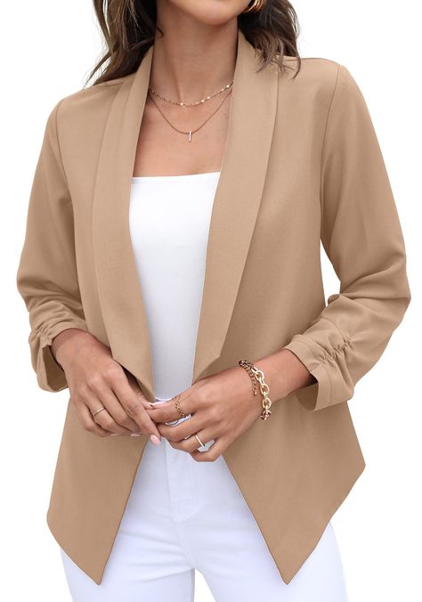 PRICES MAY VARY. Material:Polyester&Spandex.Comfortable and soft to wear. Size:Normal US Size, size 6-18 for you to choose.Model is wearing a size 6.Model’s Profile: Height 5'6", Bust 35", Waist 25",Hips 35". Type:blazer jackets for women,women's blazer suit,womens fitted blazer,cropped blazer,shawl collar blazer jackets,open front cardigan,womens suit jacket,blazers for women fashion,professional clothes for women for work,casual jackets for women,womens business clothes,office clothes for wome Blazer Casual, Casual Professional, Open Front Blazer, Cardigan Long, Cropped Blazer, Business Outfit, Dark Khaki, Casual Suit, Business Suit