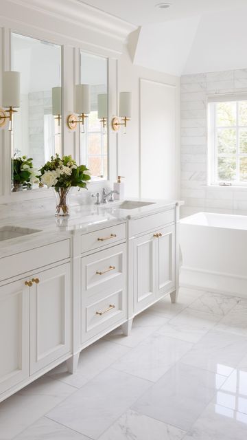 Primary Bath Cabinets, Bathroom Vanity Mirror With Sconces, White Master Bath Vanity, Cream Master Bath Ideas, Low Country Bathroom, Grandmillenial Master Bath, Coastal Traditional Bathroom, Traditional Master Bathrooms, Primary Bath Remodel