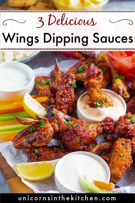 Check out these three awesome dipping sauces for wings! Smoked paprika aioli, garlic parmesan and cilantro lemon! All the good stuff! Perfect for tailgating and game day, these sauces and wings are the ultimate snack! Sauces For Wings, Chicken Wing Dipping Sauce, Sauce For Chicken Wings, Paprika Aioli, Dipping Sauce For Chicken, Chicken Wing Sauce Recipes, Chicken Wing Dip, Garlic Wings, Dipping Sauces For Chicken