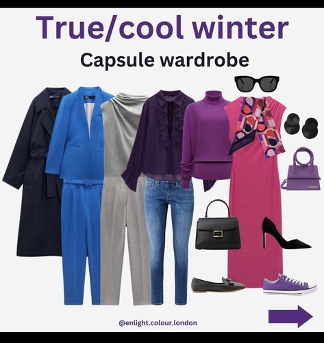 True Winter Colour Palette Outfits, Cold Winter Palette Outfit, Winter Colour Palette Fashion, True Winter Capsule Wardrobe, Winter Color Palette Outfits, True Winter Outfits, Winter Pallet, True Winter Palette, Color Analysis Winter