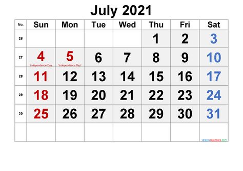 Download free printable July 2021 calendar with holidays in a variety of different formats and colors. The printable calendar are available as Microsoft Word (2007 or later) PDF or Image files that easy to print. Free Printable July 2021 Calendar Printable Calendar Features Calendar: Free Printable July 2021 Calendar Calendar of the Year: 2021 Paper Orientation: Landscape First day of the Week: Sunday First U.S. edition with U.S. federal holidays and observances Print Paper: A3, A4 Supported Fil Calendar With Week Numbers, June Calendar Printable, Calendar October, Calendar With Holidays, Calendar Examples, July Calendar, Calendar May, Monthly Calendar Template, Calendar 2022