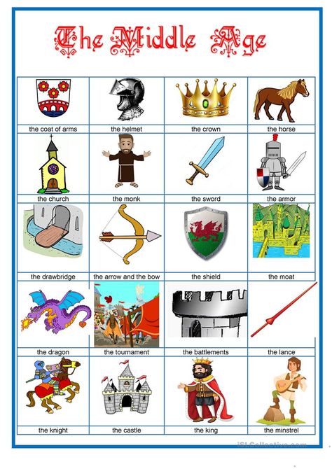 Picture dictionary - The Middle Age - English ESL Worksheets for distance learning and physical classrooms Middle Ages Activities, Elementary History, Symbols Of Strength Tattoos, Medieval Decor, Picture Dictionary, Vocabulary Worksheets, Grammar And Vocabulary, History Class, Teaching Jobs