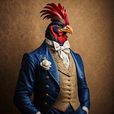 Chicken Aarakocra, Steampunk Chicken, Anthro Chicken, Elegant Animals, Chicken Portrait, Victorian Animal Portraits, Roosters Crowing, Rooster Tattoo, Gallo Meme