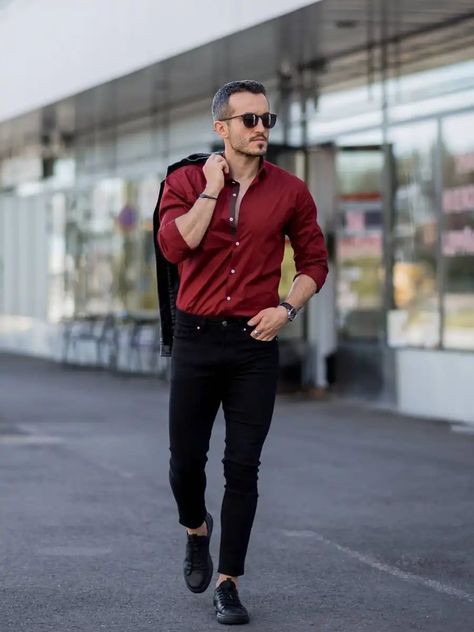 Black Pants Outfit Mens, Maroon Shirt Outfit, Blue Shirt Black Pants, Red Shirt Outfits, Maroon Dress Shirt, Black Shoes Outfit, Mens Black Shirt, Maroon Jeans, Black Pants Outfit