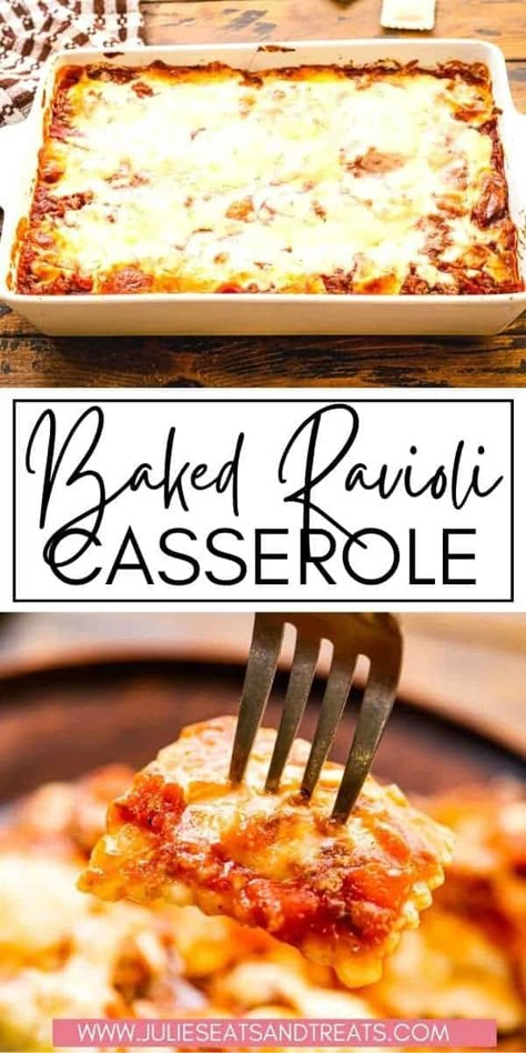 A quick, easy casserole that's comforting and perfect for a busy weeknight! This Baked Ravioli Casserole is loaded with ground beef, marinara sauce, spices, cheese ravioli and topped with lots of melted cheese! Pair it with a tossed salad and garlic bread for a complete meal that's easy. Plus, it's freezer friendly! Baked Ravioli With Meat Sauce, Breaded Ravioli Baked, Baked Cheese Ravioli Recipe, Bake Ravioli Casserole, Baked Cheese Ravioli Casserole, Baked Cheese Ravioli, Cheese Ravioli Bake, Oven Baked Ravioli, Dinner Boards