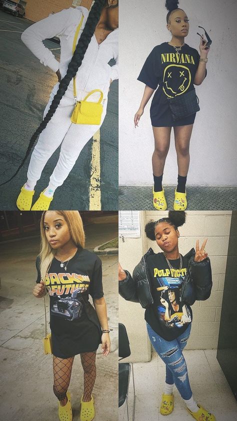 Yellow Snakeskin Jordan 11 Outfits, Cute Freshman Outfits, Yellow Crocs Outfit, Croc Outfit Ideas, Back2school Outfits, Cute Basic Outfits For School, Croc Fits, Layout Pics, Croc Outfits