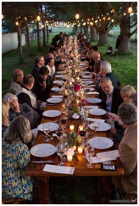 Long Outdoor Wedding Table, String Lights Over Outdoor Dining Table, Dinner Long Table Wedding Reception, Driveway Dinner Party, Farm Table Outdoor Wedding, Long Table Outdoor Party, Long Outdoor Dining Table Wedding Reception, One Big Table Wedding, Outdoor Wedding Reception Long Table