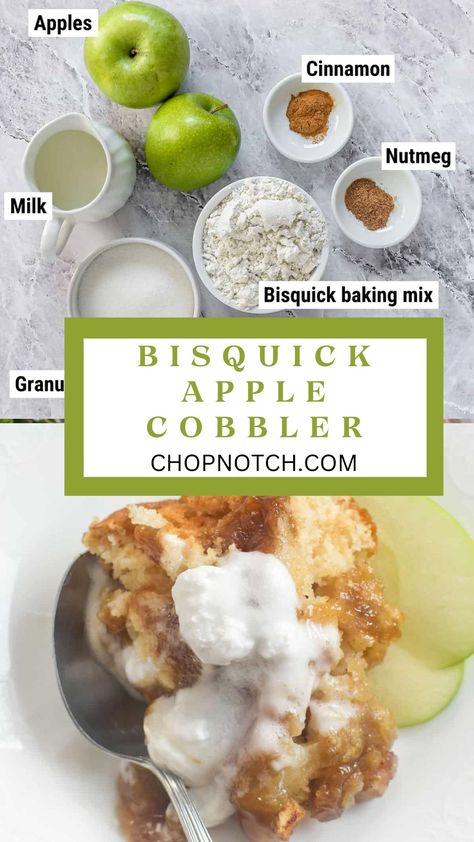 Indulge in the comforting flavors of our Easy Apple Cobbler with Bisquick recipe, a delicious dessert that is both simple to make and irresistibly tasty. Tender apple slices bathed in cinnamon and sugar, topped with a buttery Bisquick crust, create a warm and comforting treat that will delight your taste buds. 🍎🥧 Pin this recipe now for a delightful apple dessert that will impress your family and friends! #AppleCobbler #BisquickRecipes #HomemadeDesserts #ChopNotchRecipes #SweetIndulgence Bisquick And Apples Easy Recipes, Bisquick Apple Recipes, Best Bisquick Recipes, Bisquick Recipes Dessert, Bisquick Apple Cobbler, Cobbler With Bisquick, Easy Apple Cobbler, Bisquick Recipe, Fruit Sweets