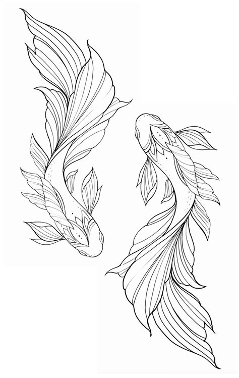 Fish With Wings Drawing, Yin And Yang Fish Drawing, Coy Fish Outline, Koi Pisces Tattoo, Koi Fine Line Tattoo, Could Fish Tattoo, In Yang Tattoo, Chinese Fish Drawing, Pretty Fish Drawing