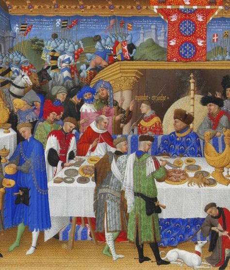 lustração medieval de uma cena com um banquete e atrás muitos soldados com armaduras e e cavalos, onde se vê vários modelos de chapéu medieval High Middle Ages, Twelfth Night, Book Of Hours, Dark Ages, Wonderful Images, Picture Library, 15th Century, Middle Ages, New Year Gifts