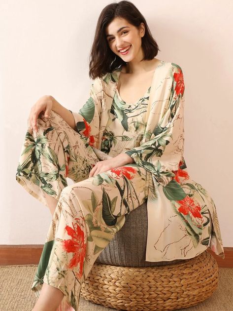 3pcs Tropical Print Cami PJ Set & Robe | SHEIN Ladies Pajamas, Robe Women, Summer Sleepwear, Mode Kimono, Cami Set, Pajamas Set, Pajama Set Women, Pajama Sets, Pj Sets