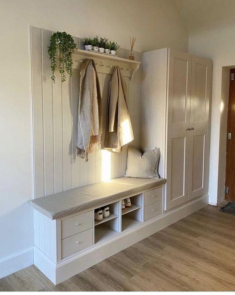 Hallway Coat And Shoe Storage Ikea, Shoe Storage Wardrobe Ideas, Hallway Storage Ideas Entrance, Hall Stands Entryway, Narrow Hallway Coat Storage, Hallway Cupboard Storage Ideas, Kallax Entryway, Coat Hook Ideas, Diy Entryway Storage