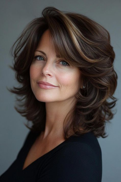 medium hairstyles, layered hairstyles, women over 50 Medium Length Hair With Layers Over 50, Layered Shag Hairstyles, Very Layered Hair Medium Over 50, Layered Medium Hairstyles, Shag Layered Hairstyles, Wavy Layered Hair, Glamorous Women, Medium Hairstyles For Women, Natural Looking Curls