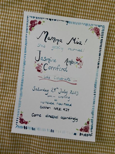 Mamma mia here we go again. Bridal shower party invitation wedding. Mamma Mia Party Invitations, Mamma Mia Invitation, Bride Proposal, Mamma Mia Wedding, 21 Diner, Bridal Shower Inspo, Bday Invitations, Bridal Shower Flowers, Dinner Party Menu