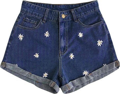 Women's Floral Embroidery High Waist Roll Up Denim Shorts Blue Sunflower, Casual Denim Shorts, Girls Denim Shorts, Winter Knit Hats, High Rise Denim Shorts, Medium Dress, Large Dress, Loose Fitting Tops, High Waisted Shorts Denim