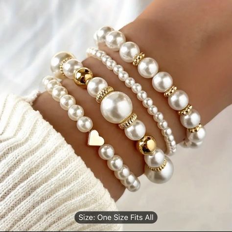 4pcs White Faux Pearls Beads Beaded Bracelet Set Elegant Handmade Hand String Jewelry Accessory Bride Bracelet Stack, Trending Beaded Bracelets, Beaded Bracelet Photography Ideas, Diy Pearl Bracelet Ideas, Bead Bracelets Designs, How To Stack Bracelets, Hand Beads Bracelet, White Bracelet Beads, Beaded Bracelets Diy Ideas