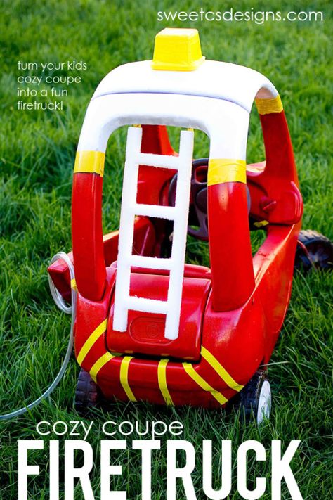 make a cozy coupe into a firetruck- perfect for halloween! #sp Fire Truck Craft, Car Makeover, Cozy Coupe Makeover, Firefighters Daughter, Truck Crafts, Firefighter Baby, Firefighter Family, Toddler Car, Fireman Sam