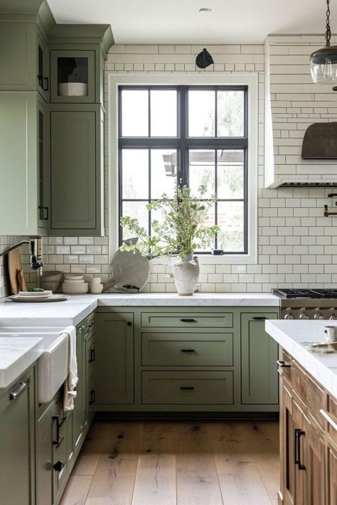 Subway Tile Backsplash Dark Grout, Backsplash Dark Grout, Rustic Kitchen Green, Farmhouse Kitchen Tile Backsplash, Green Aesthetic Home Decor, Farmhouse Kitchen Tile, Green Aesthetic Home, White Tiles Black Grout, Kitchen Tile Backsplash Ideas